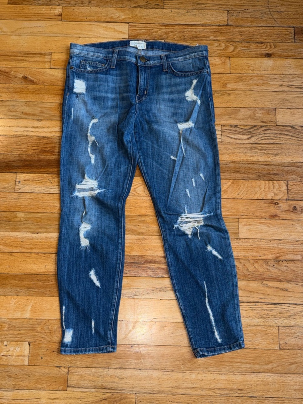 Current/Elliott Distressed Boyfriend Jeans in Blue Wash